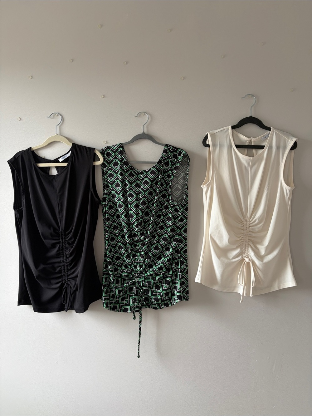 Ricki's Sleeveless Ruched Tank Tops - Black, Green Geo, Cream
